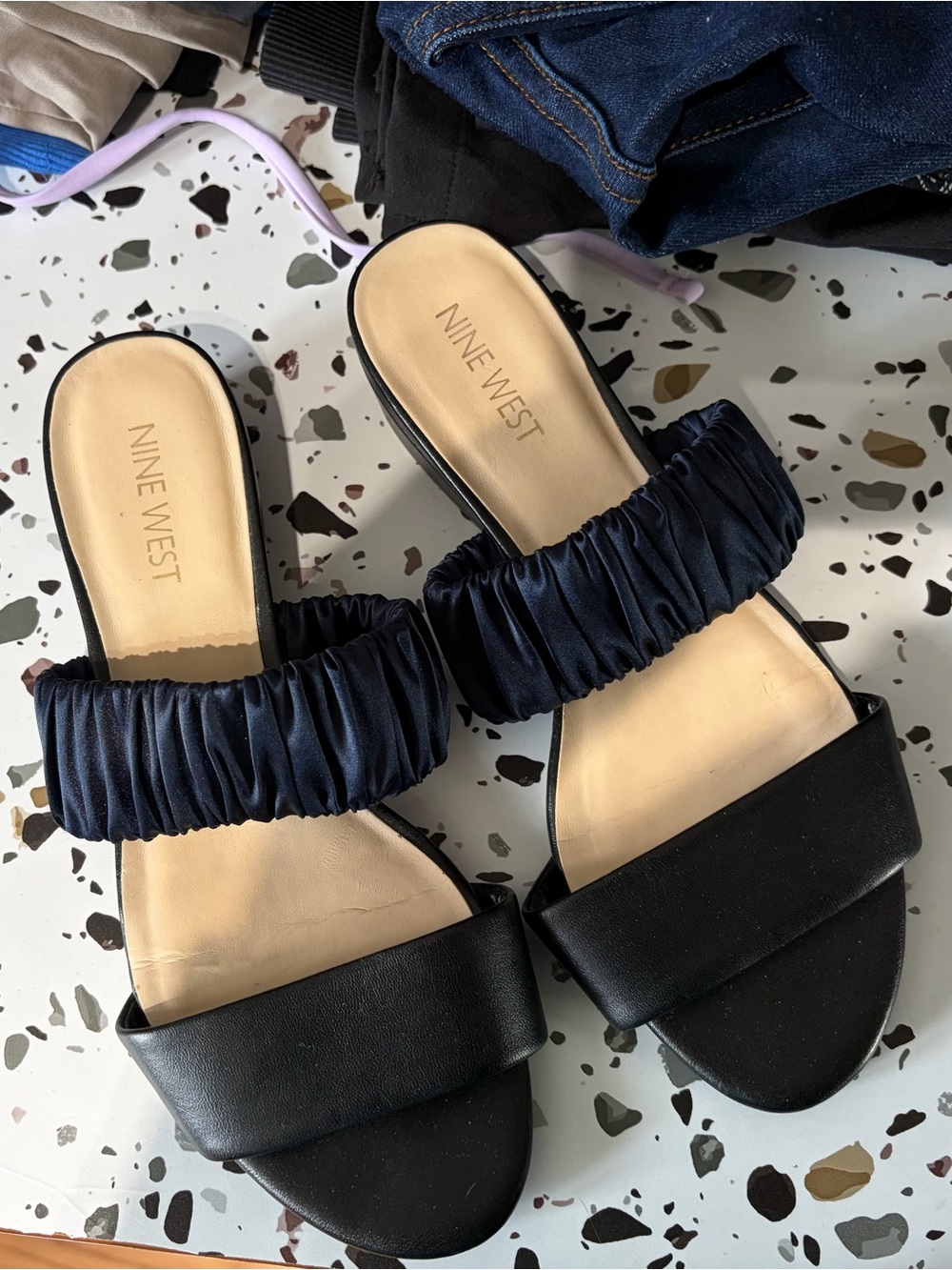 Nine West Women’s Black Slide Sandals with Navy Ruched Strap